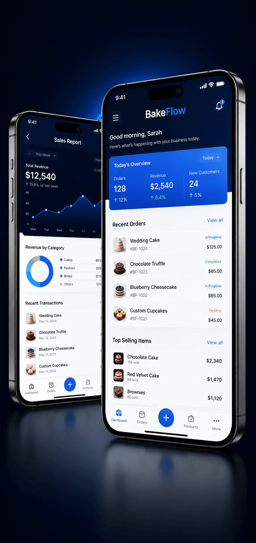 BakeFlow mobile application dashboard and business reporting interfaces