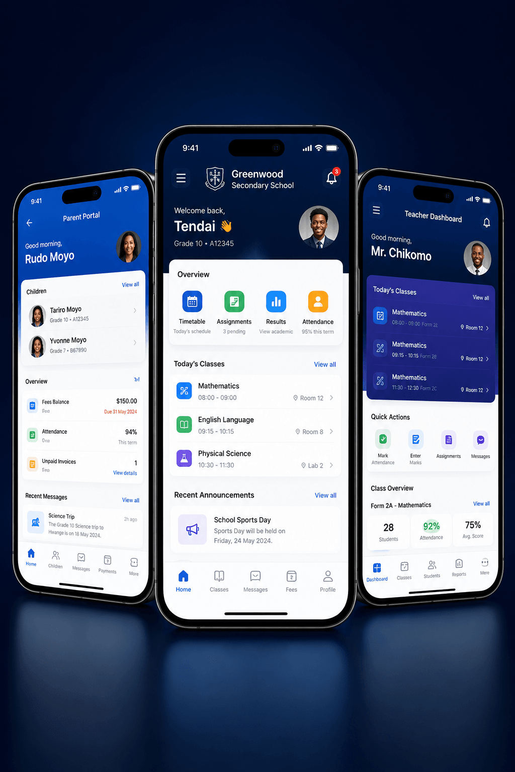 School management mobile app interfaces for students, teachers and parents